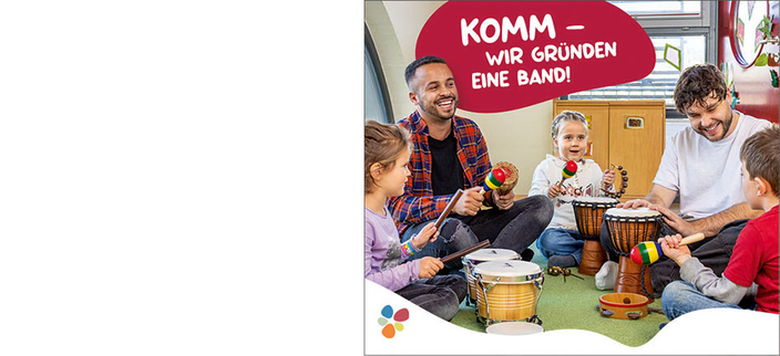 Zwei Erwachsene musizieren mit drei Kindern mit Trommeln und Rasseln, Bildaufschrift: Komm – wir gründen eine Band! Zwei Erwachsene musizieren mit drei Kindern mit Trommeln und Rasseln, Bildaufschrift: Komm – wir gründen eine Band!