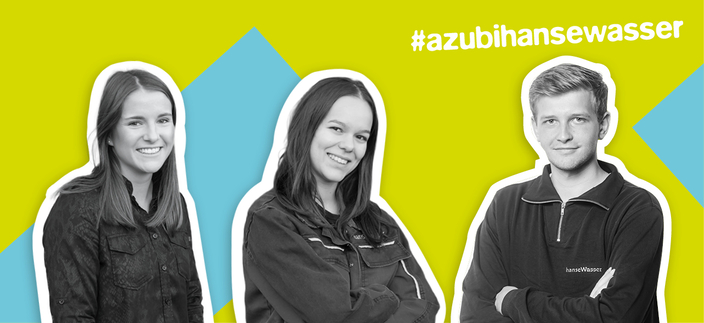 Drei junge lächelne Personen vor einem grünen Hintergrund, Bildaufschrift: #azubihansewasser