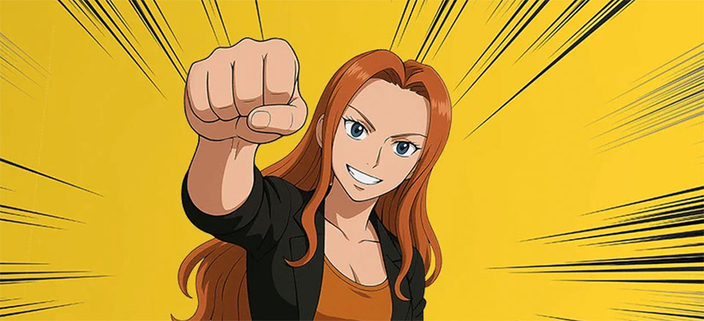 Animationsfigur: Mädchen mit roten Haaren in Superwoman-Position