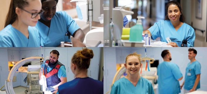 Bildcollage von Mitarbeitenden in verschiedenen Bereichen im Krankenhaus Bildcollage von Mitarbeitenden in verschiedenen Bereichen im Krankenhaus