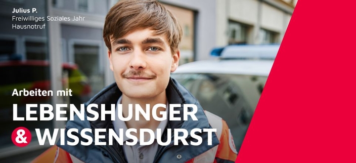 Junge Person mit Schnurrbart lächelt in die Kamera, Bildaufschrift: Arbeiten mit Lebenshunger & Wissensdurst Junge Person mit Schnurrbart lächelt in die Kamera, Bildaufschrift: Arbeiten mit Lebenshunger & Wissensdurst