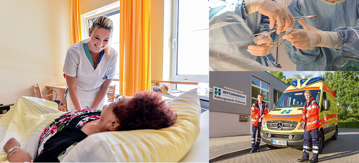 Bildcollage: Pflegefachperson am Krankenbett, Sanitäter am Rettungswagen, Hände mit Operationsbesteck