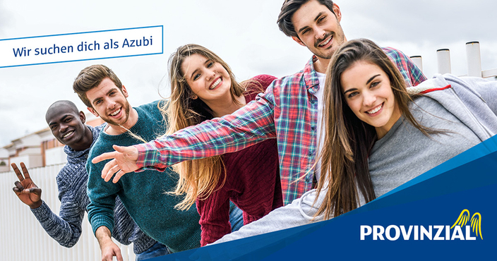 Kampagnenbild mit Logo und fünf jungen lächelnden Menschen, Bildauschrift: Wir suchen dich als Azubi Kampagnenbild mit Logo und fünf jungen lächelnden Menschen, Bildauschrift: Wir suchen dich als Azubi