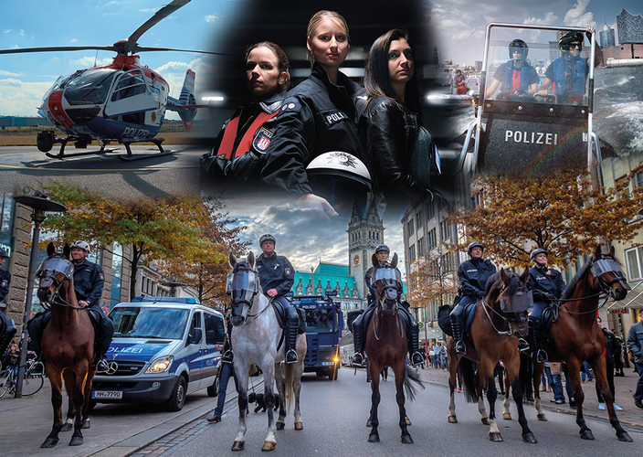 Bildcollage von Polizistinnen und Polizisten in verschiedenen Einsatzbereichen