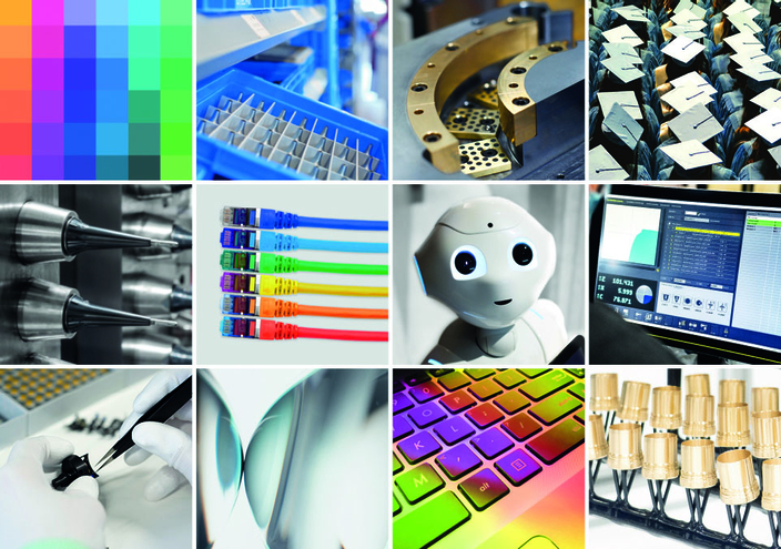 Collage mit verschiedenen Bildern aus dem Bereich der Optotechnik