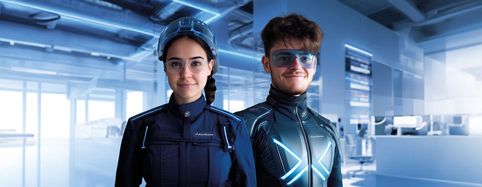 Zwei junge Personen in futuristischer blauer Kleidung