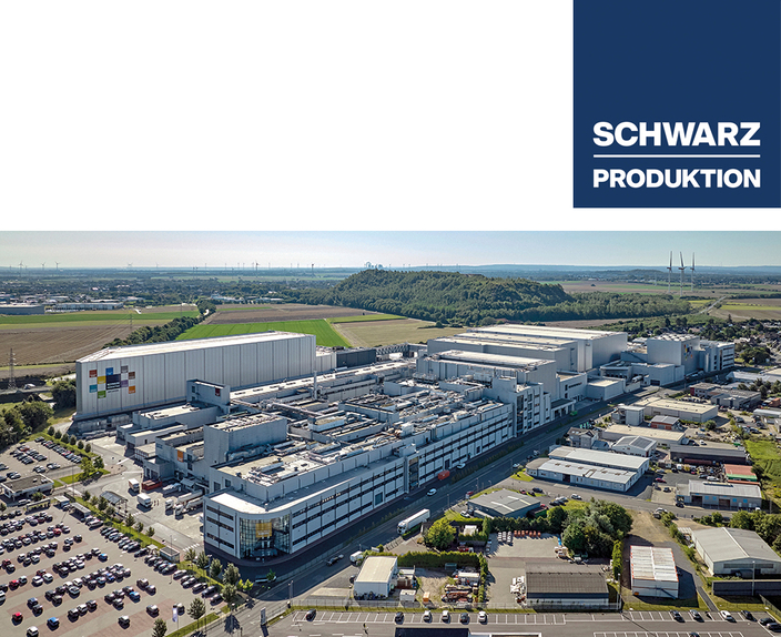 Logo Schwarz Produktion und Luftbild von Firmengelände Logo Schwarz Produktion und Luftbild von Firmengelände