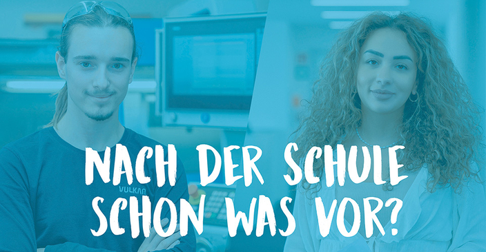 Zwei junge Menschen lächeln in die Kamera, Bildaufschrift: Nach der Schule schon was vor?