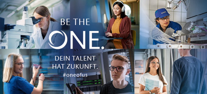 Auszubildende in verschiedenen Bereichen, Bildaufschrift: Be the one. Dein Talent hat Zukunft. Auszubildende in verschiedenen Bereichen, Bildaufschrift: Be the one. Dein Talent hat Zukunft.