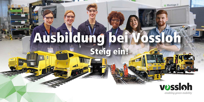 Bildcollage: Im Vordergrund gelbe Züge auf Schienen, im Hintergrund sechs Azubis aus verschieden Bereichen, Bildaufschrift: Ausbildung bei Vossloh - steig ein! Bildcollage: Im Vordergrund gelbe Züge auf Schienen, im Hintergrund sechs Azubis aus verschieden Bereichen, Bildaufschrift: Ausbildung bei Vossloh - steig ein!