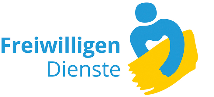 Graphik blaue stilisierte Figur mit gelber Flagge in den Armen daneben Freiwilligen Dienste Graphik blaue stilisierte Figur mit gelber Flagge in den Armen daneben Freiwilligen Dienste
