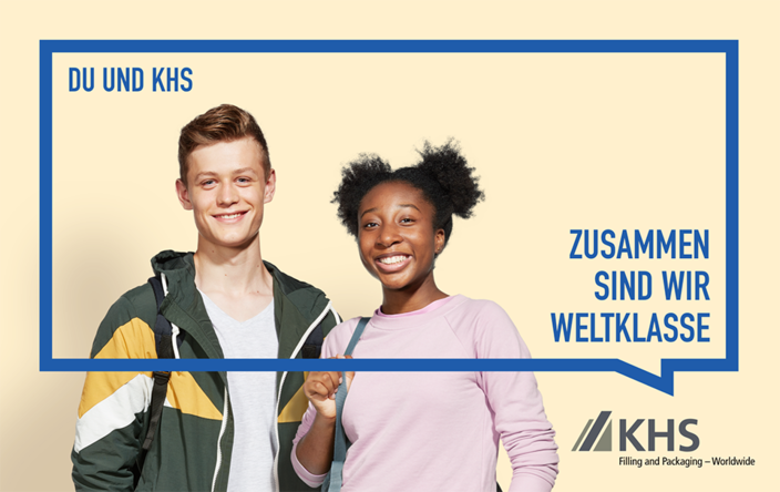 Zwei Auszubildende der KHS GmbH, Bildaufschrift: Du und ich – zusammen sind wir weltklasse Zwei Auszubildende der KHS GmbH, Bildaufschrift: Du und ich – zusammen sind wir weltklasse