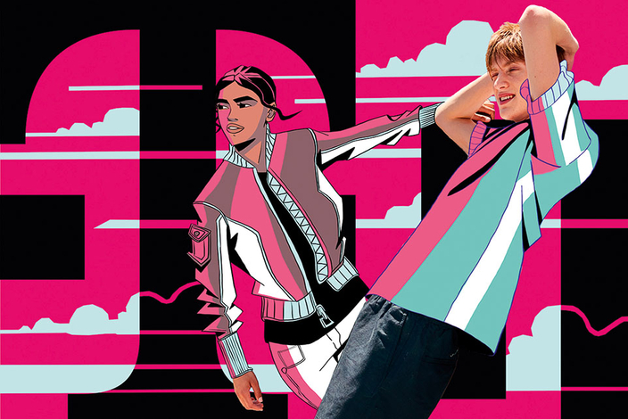 Mischung aus Fotografie und Comic-Stil: Eine echte Person lehnt sich lachend zurück, während eine gezeichnete Figur sie an der Schulter hält. Der Hintergrund ist pink, schwarz und mintgrün.
