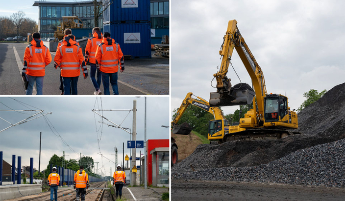 Bildcollage: Gleisbauer auf Schienen. Bagger. Bildcollage: Gleisbauer auf Schienen. Bagger.
