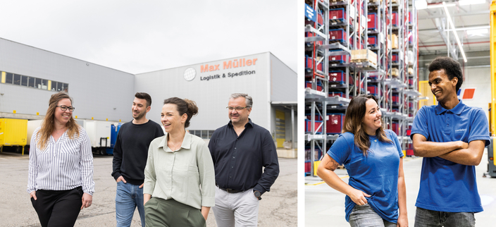 Collage: Firmensitz mit Personen im Vordergrund (links) und zwei Personen in einer Werkshalle (rechts) Collage: Firmensitz mit Personen im Vordergrund (links) und zwei Personen in einer Werkshalle (rechts)