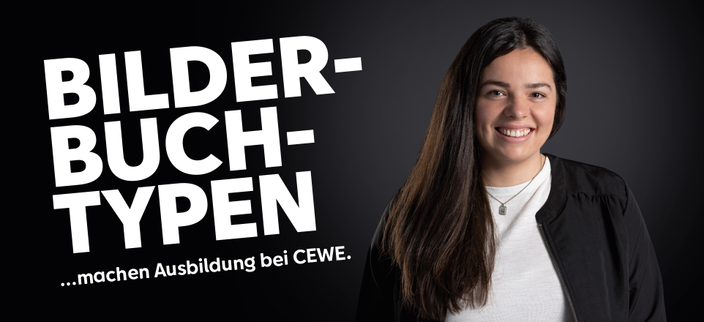 Person mit Slogan: Bilderbuchtypen machen Ausbildung bei CEWE. Person mit Slogan: Bilderbuchtypen machen Ausbildung bei CEWE.