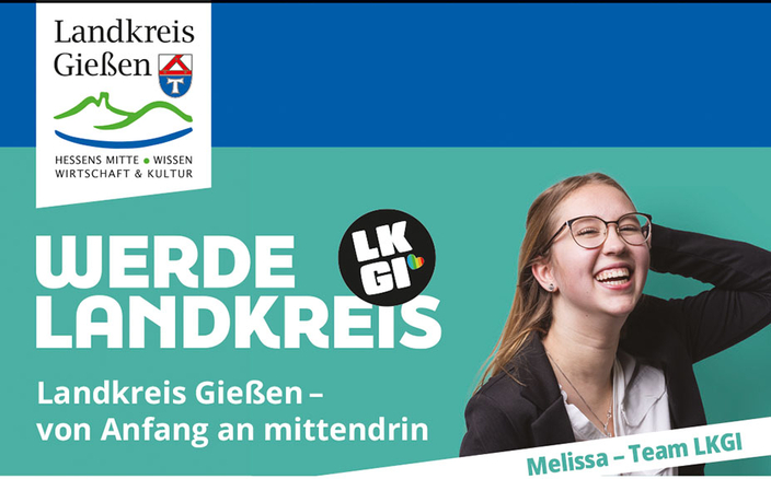 Lachende Person – daneben steht der Slogan: Werde Landkreis – Landkreis Gießen – von Anfang an mittendrin