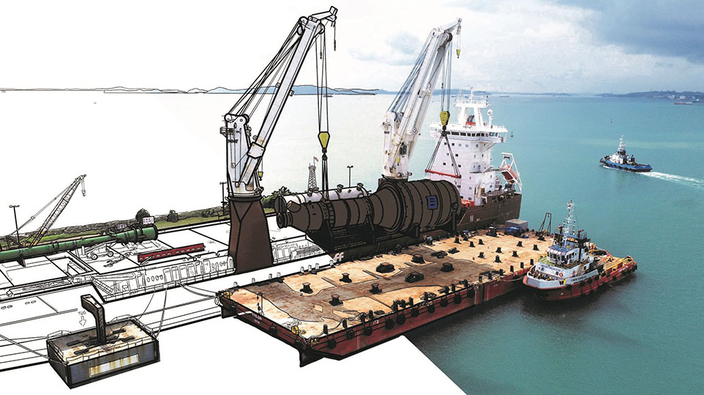 Gezeichnetes Bild des Transports eines großen Stahlteils per Schiff