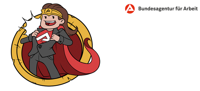 Superheldenfigur mit Agentur für Arbeit Logo auf der Brust Superheldenfigur mit Agentur für Arbeit Logo auf der Brust