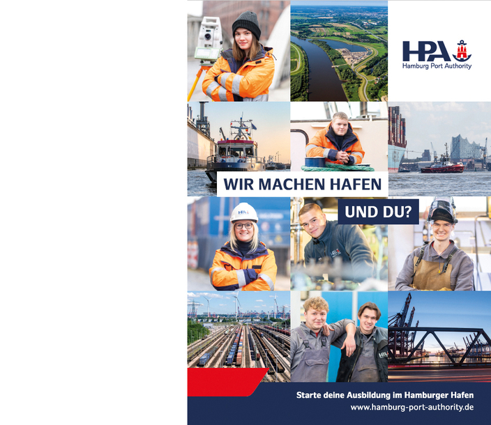 Bildcollage Logo und Mitarbeitende aus verschiedenen Bereichen, Aufschrift: Wir machen Hafen, und du? Bildcollage Logo und Mitarbeitende aus verschiedenen Bereichen, Aufschrift: Wir machen Hafen, und du?