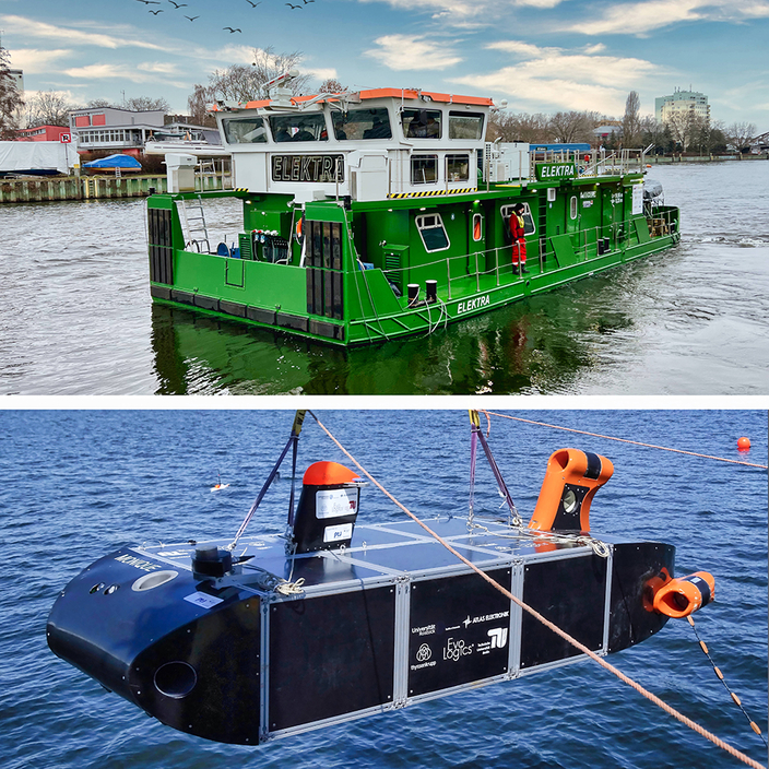 Bildcollage: Schubboot ELEKTRA auf dem Wasser, Funktionsmodell MONIQUE wird zu Wasser gelassen Bildcollage: Schubboot ELEKTRA auf dem Wasser, Funktionsmodell MONIQUE wird zu Wasser gelassen