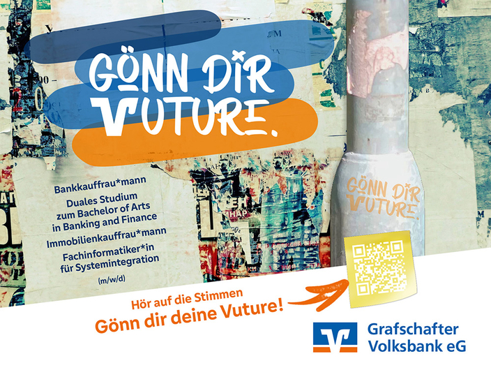 Ausbildungskampagne der Grafschafter Volksbank mit der Aufschrift: Gönn dir Vuture. Ausbildungskampagne der Grafschafter Volksbank mit der Aufschrift: Gönn dir Vuture.