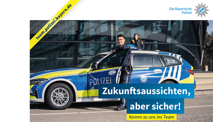 Werbekampagne: Polizist steigt aus Polizeiauto. "Zukunftsaussichten, aber sicher!" Werbekampagne: Polizist steigt aus Polizeiauto. "Zukunftsaussichten, aber sicher!"