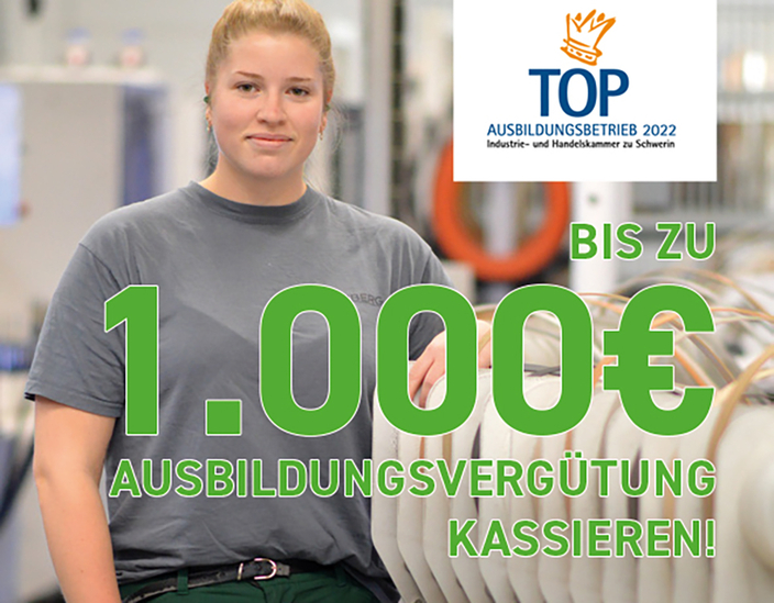 Frontalansicht junger Frau und der Text: bis zu 1.000 Euro Ausbildungsvergütung kassieren! Top Ausbildungsbetrieb Marke Frontalansicht junger Frau und der Text: bis zu 1.000 Euro Ausbildungsvergütung kassieren! Top Ausbildungsbetrieb Marke