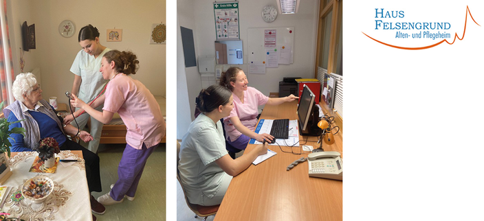 Zwei Bilder mit Situationen in der Pflege: Blutdruckmessen bei einer älteren Dame und organisatorische Besprechung im Büro. Zwei Bilder mit Situationen in der Pflege: Blutdruckmessen bei einer älteren Dame und organisatorische Besprechung im Büro.