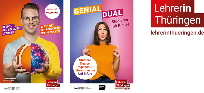 Zwei Werbebilder einmal mit einem jungen Mann der einen Basketball in den ausgestreckten Armen hält dazu Werbung für den Lehrerberuf sowie eine junge Frau die mit ihren Zeigefingern nach oben zeigt dazu Werbung für das duale Studium