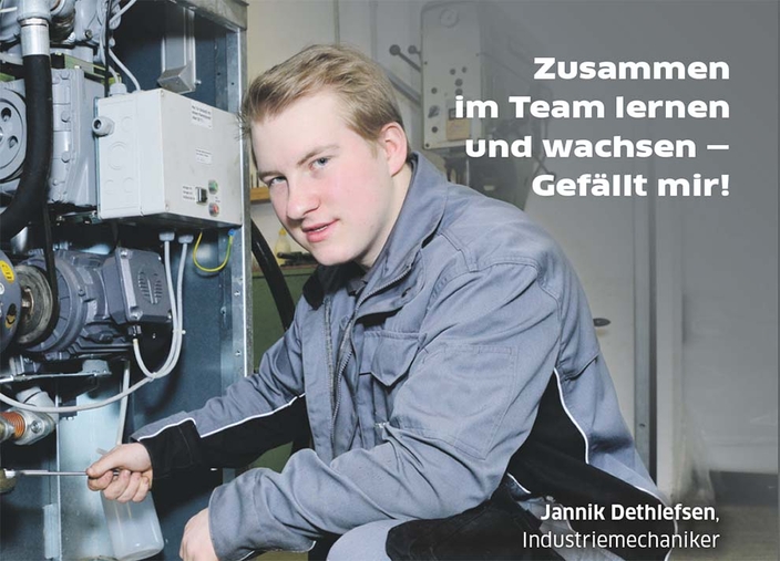 Industriemechaniker in Arbeitskleidung, Bildaufschrift: Zusammen im Team lernen und wachsen - gefällt mir!