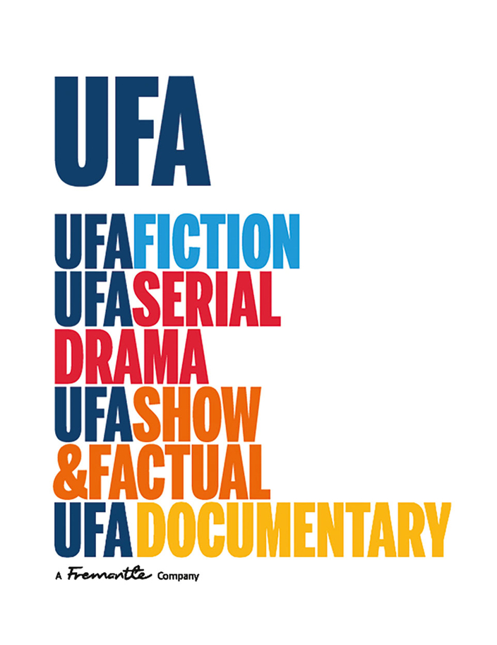 Weißer Hintergrund, bunte Schrift "UFA UFA FICTION UFA SERIAL DRAMA UFA SHOW & FACTUAL UFA DOCOMENTARY" Weißer Hintergrund, bunte Schrift "UFA UFA FICTION UFA SERIAL DRAMA UFA SHOW & FACTUAL UFA DOCOMENTARY"