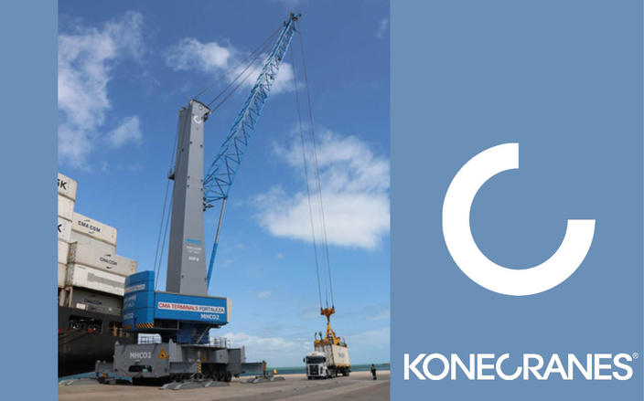Collage aus Logo Konecranes und einem großen Kran Collage aus Logo Konecranes und einem großen Kran