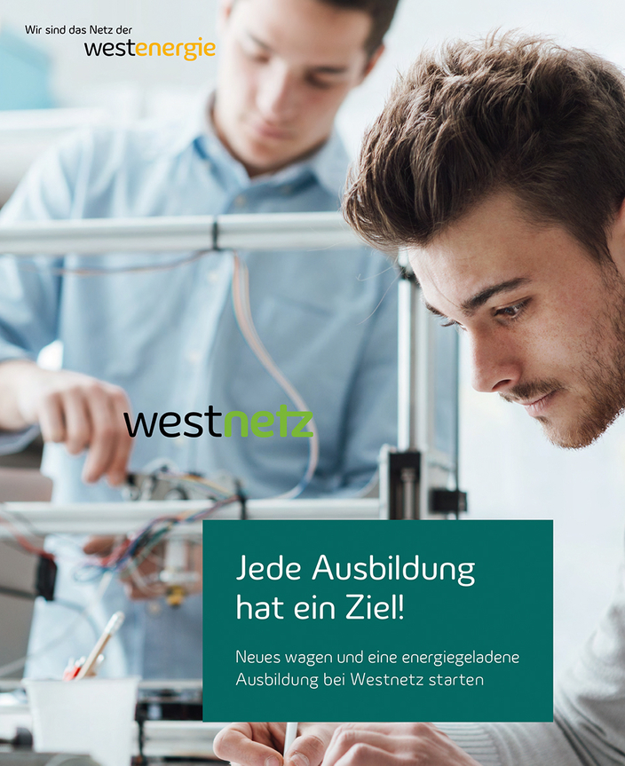 Zwei junge Menschen arbeiten an einem technischen Gerät, Bildaufschrift: Jede Ausbildung hat ein Ziel! Neues wagen und eine energiegeladene Ausbildung bei Westnetz starten. Zwei junge Menschen arbeiten an einem technischen Gerät, Bildaufschrift: Jede Ausbildung hat ein Ziel! Neues wagen und eine energiegeladene Ausbildung bei Westnetz starten.