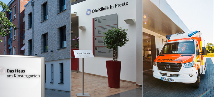Bildcollage der drei Einrichtungen – Hauseingang und Krankentransportwagen Bildcollage der drei Einrichtungen – Hauseingang und Krankentransportwagen