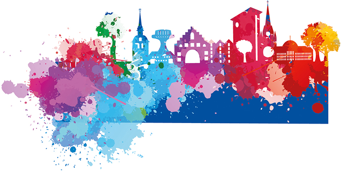 Grafik der Skyline von Flensburg in bunten Farben Grafik der Skyline von Flensburg in bunten Farben