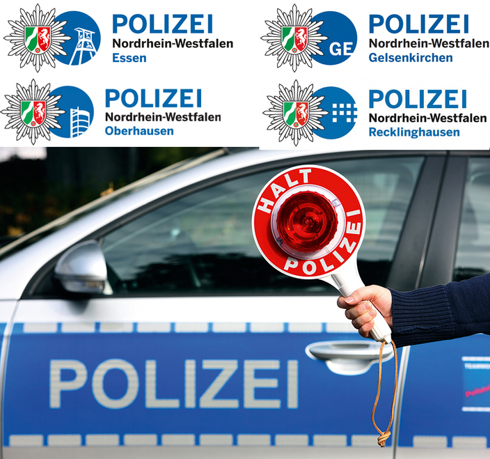 Logos der Polizei NRW, darunter eine Polizeikelle vor einem Einsatzwagen Logos der Polizei NRW, darunter eine Polizeikelle vor einem Einsatzwagen