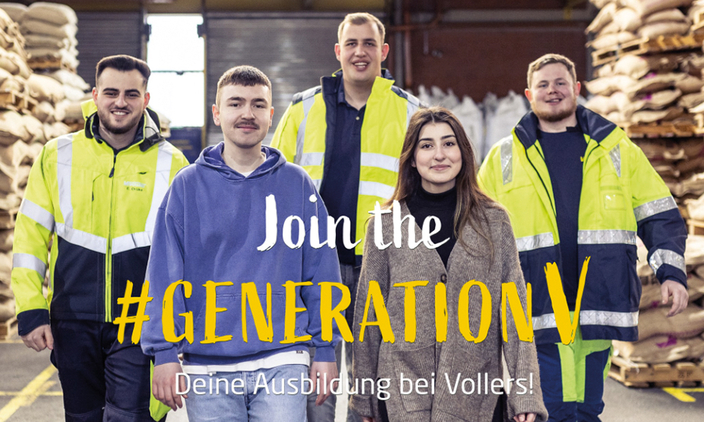 Fünf Auszubildende aus verschiedenen Bereichen, Bildaufschrift: Join the #generation v Fünf Auszubildende aus verschiedenen Bereichen, Bildaufschrift: Join the #generation v