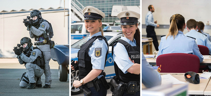Auszubildende der Bundespolizei in verschiedenen Einsatzbereichen, Aufschrift: "Gehalt: ca. 1.402 bzw. 1.627 Euro netto bei Ausbildungs- bzw. Studienbeginn" Auszubildende der Bundespolizei in verschiedenen Einsatzbereichen, Aufschrift: "Gehalt: ca. 1.402 bzw. 1.627 Euro netto bei Ausbildungs- bzw. Studienbeginn"