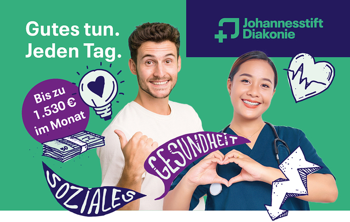 Zwei junge lächelne Personen in Pflegebekleidung vor einem grünen Hintergrund, Bildaufschrift: Gutes tun. Jeden Tag. 