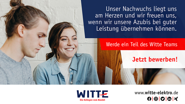 Zwei junge Menschen, Bildaufschrift: Werde eine Teil des Witte Teams. Jetzt bewerben! Zwei junge Menschen, Bildaufschrift: Werde eine Teil des Witte Teams. Jetzt bewerben!