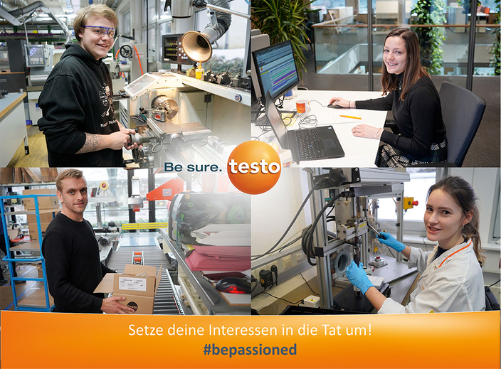 Auszubildende in verschiedenen Bereichen, Bildaufschrift: Setze deine Interessen in die Tat um!