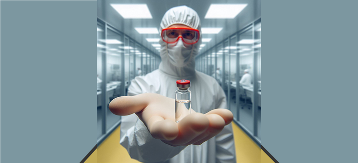 Mitarbeitende Person mit komplettem Labor-Schutzanzug, Schutzhandschuhen und Brille hält in der ausgestreckten Hand ein Glasampulle vor sich Mitarbeitende Person mit komplettem Labor-Schutzanzug, Schutzhandschuhen und Brille hält in der ausgestreckten Hand ein Glasampulle vor sich