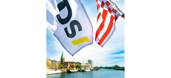 Flaggen mit DS Logo wehen im Wind vor der Hafenkulisse