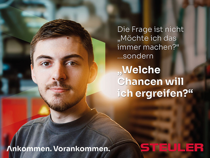 Werbekampagne: Bildcollage aus Steuler-Logo und männlicher Person, Spruch: Ankomme. Vorankommen. Steuler Werbekampagne: Bildcollage aus Steuler-Logo und männlicher Person, Spruch: Ankomme. Vorankommen. Steuler