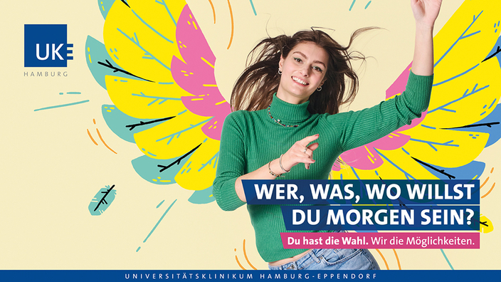 Junge Person steht vor einem Hintergrund mit bunten Flügeln, Bildaufschrift: Wer, was, wo willst du morgen sein?