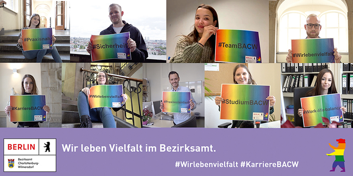 Bildcollage von neun Mitarbeitenden, Bildaufschrift: Wir leben Vielfalt im Bezirksamt. Bildcollage von neun Mitarbeitenden, Bildaufschrift: Wir leben Vielfalt im Bezirksamt.