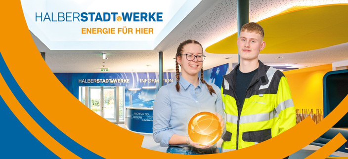 Graphik mit zwei Auszubildenden der Halberstadtwerke, die im Empfangsbereich stehen. Graphik mit zwei Auszubildenden der Halberstadtwerke, die im Empfangsbereich stehen.