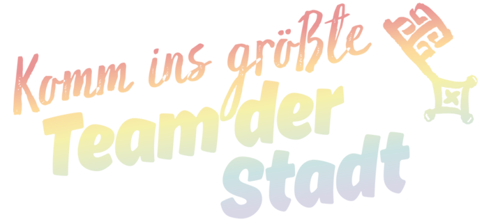 Schlüssel und Schriftzug in bunten Farben mit der Aufschrift: Komm ins größte Team der Stadt Schlüssel und Schriftzug in bunten Farben mit der Aufschrift: Komm ins größte Team der Stadt