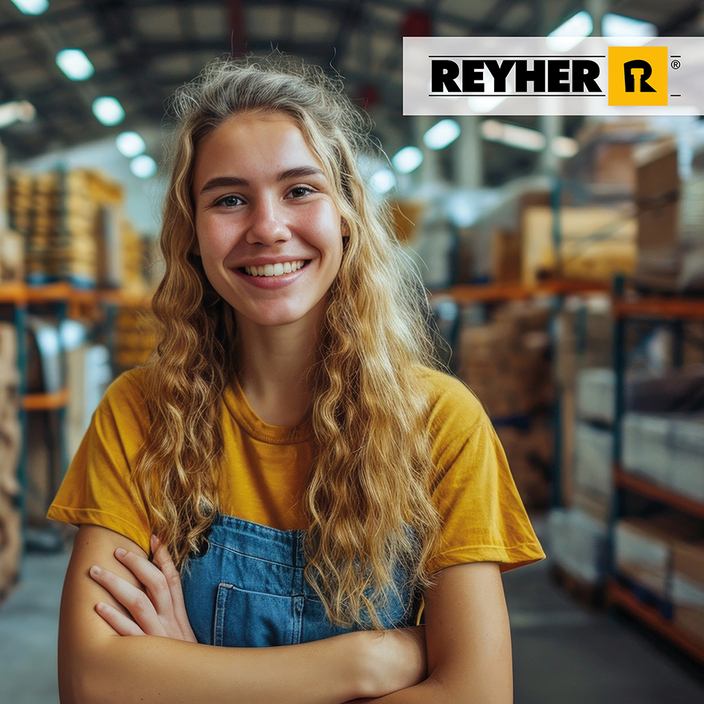 Logo REYHER und junge Person in einem Lager lächelt in die Kamera Logo REYHER und junge Person in einem Lager lächelt in die Kamera